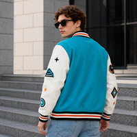 Veste universitaire pour homme en patchwork turquoise et blanc, broderie graphique, style streetwear décontracté, épaisse, en gros