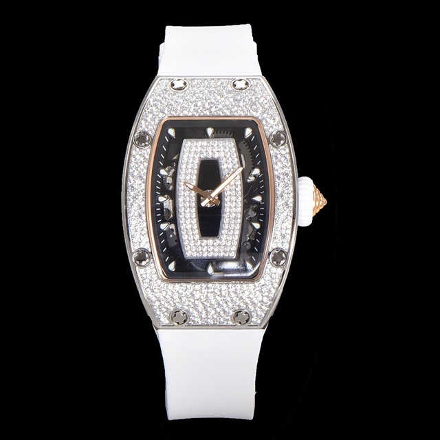 Top Quality Full Paved Diamond Women's Mechanical Watch Unique Skeleton Dial White Rubber Strap Elegant Casual Wrist Watch