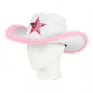 Chapeau de <span class=keywords><strong>cowboy</strong></span> blanc avec bordure en plumes roses et étoile à paillettes pour les enterrements de vie de jeune fille, les fêtes costumées et les tenues de jeu de rôle pour femmes - Product Image 1