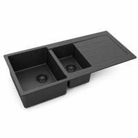 Évier de cuisine moderne en quartz noir mat à double bac, design à poser sur le comptoir, avec égouttoir latéral, facile à nettoyer, pour la rénovation domestique