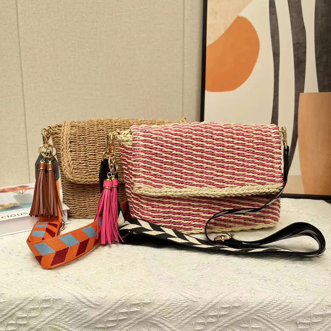 2023 eco-friendly Summer Beach Fringe accessori Ladies Handmade Paper Shopping Straw Basket borsa a tracolla in Rattan