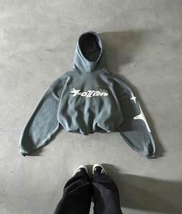 Yingling recadrée sweat à capuche lourd 400 Gsm Vintage en détresse broderie Patch Applique ourlet brut acide pierre lavé sweats à capuche hommes - Product Image 6