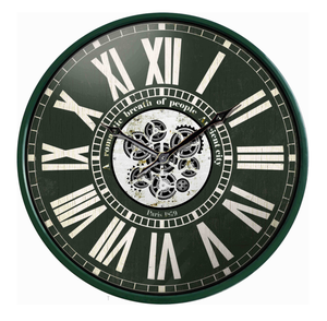 Luxe 24 pouces simple face fer mécanique horloge murale vert <span class=keywords><strong>Vintage</strong></span> carte du monde engrenage Logo personnalisé aiguille pour salon décor - Product Image 1