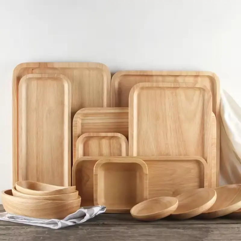 عينات مجانية من أدوات تناول الطعام صديقة للبيئة قابلة لإعادة الاستخدام مجموعة أطباق عشاء مستديرة من الخشب