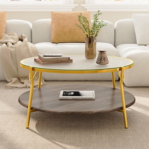 Tavolino da Caffè Moderno Rotondo in Noce a 2 Livelli con Piano in Vetro e Base Dorata per Soggiorno 29.9 - Product Image 4