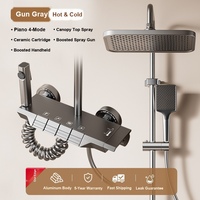 Ensemble de douche moderne en aluminium brossé avec pommeau de douche rectangulaire, système de robinetterie à trois poignées, 2 modes : Doux/Jet/Massage/Pause