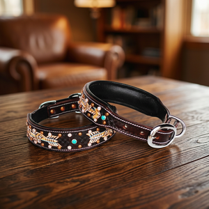 Collar de Perro de Cuero Genuino con Acolchado Suave, Decoración con Herrajes y Tachuelas, Fabricante - Product Image 3