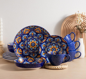 Bohemian Colorful Deep Blue Plant Painted Eco-Friendly Durable Microwave Safe Ceramic Dinnerware <b>Set</b> 18/20/24/36 <b>Pieces</b> Custom - Product Image 2