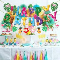 Bannière Hawaïenne Joyeux Anniversaire, 3 Packs de Décorations de Fête Hawaïenne, Guirlande Tropical Luau pour Décoration d'Anniversaire