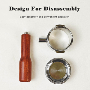 Poignée à café sans fond classique, plate, portable, fournie par l'usine, 58 mm |   Anneau d'extraction en acier inoxydable + poignée en bois massif - Product Image 3