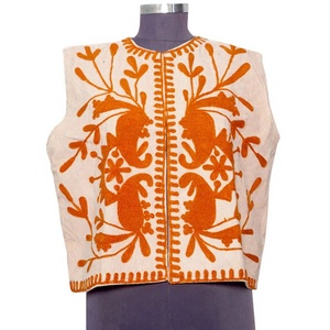 Chaleco de Algodón Ecológico Hecho a Mano para Mujer, Chaqueta sin Mangas, Estilo Casual, Vintage, con Bordado y Botones Cubiertos, Cuello Redondo - Product Image 1