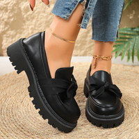 Mocassins à nœud pour femme, semelle compensée, plateforme épaisse, bout rond, style preppy, chaussures d'uniforme scolaire, noirs