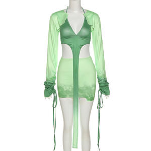 Hipster Y2K Two Piece Set Women Skirt Undefined Lengthen Ribbons Sexy <strong>Cleavage</strong> <strong>Top</strong>+Tie Dye Cut Out Slim Female Skirt - Product Image 6