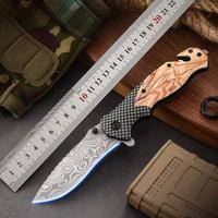 Hochwertiges Taschenmesser mit Damaszener Stahlklinge und Olivenholzgriff für Outdoor, Camping, Taktik und Jagd, DIY OEM Anpassbar