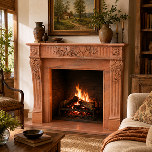Traditional Marble <b>Fireplace</b> Mantel With Ornate Carving Cloudy Rosa Stone Indoor Wood Burning Hearth For Living Room - Product Image 6