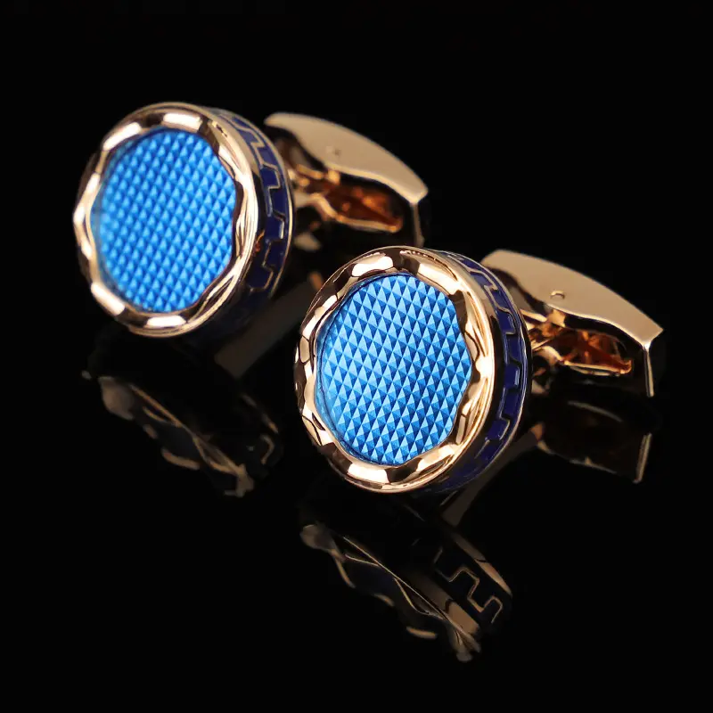 High quality wholesale cufflinks rose gold blue lacquered circular vintage pattern mens cufflinks