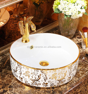 Above Mounted Wash Sink Ceramic <strong>Round</strong> Gold Color <strong>Basin</strong> with Faucet Hole - Product Image 2