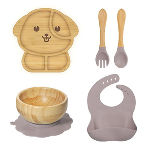 Set de Alimentación para Bebés, Plato de Silicona con Diseño de Animales de Bambú, Tazón con Succión y Babero, Fácil de Limpiar, Plato de Bambú con Diseño de Animales - Product Image 3