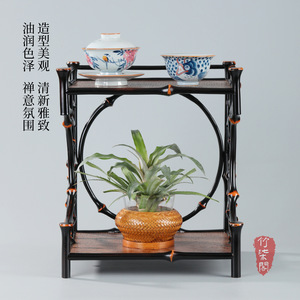 Bamboo Lacquered Tea Shed With Woven Top And Bottom Shelf For Tea Set Storage Desktop Display Rack - Product Image 3