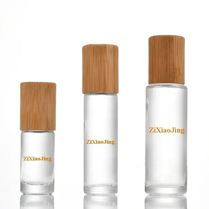 Rollo de aceite esencial rellenable, botella con bola de rodillo de acero y tapa de bambú, cristal transparente, 5 ml, 10 ml