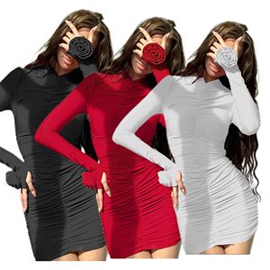 Buon vestito aderente aderente a manica lunga aderente nero Mini abito arricciato plissettato rosso Sexy per le donne Party Club Night - Product Image 1