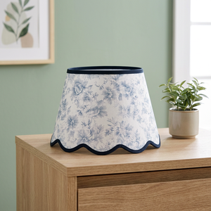 Premium Linen Floral <b>Lampshade</b> | Vintage Blue & <b>White</b> Botanical Printed Fabric Shade with Scalloped Wave Edge & Black Trim - Product Image 3