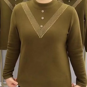Women's Mock Neck Knit Top With Rhinestone V-Neck Design Coffee Color Long Sleeve Soft Warm <b>Base</b> <b>Layer</b> Autumn Winter Style - Product Image 1