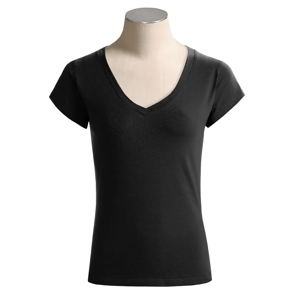 Wholesale Plain Women's T-Shirt Ladies Short Sleeved deep V Neck 100% cotton printed t shirt