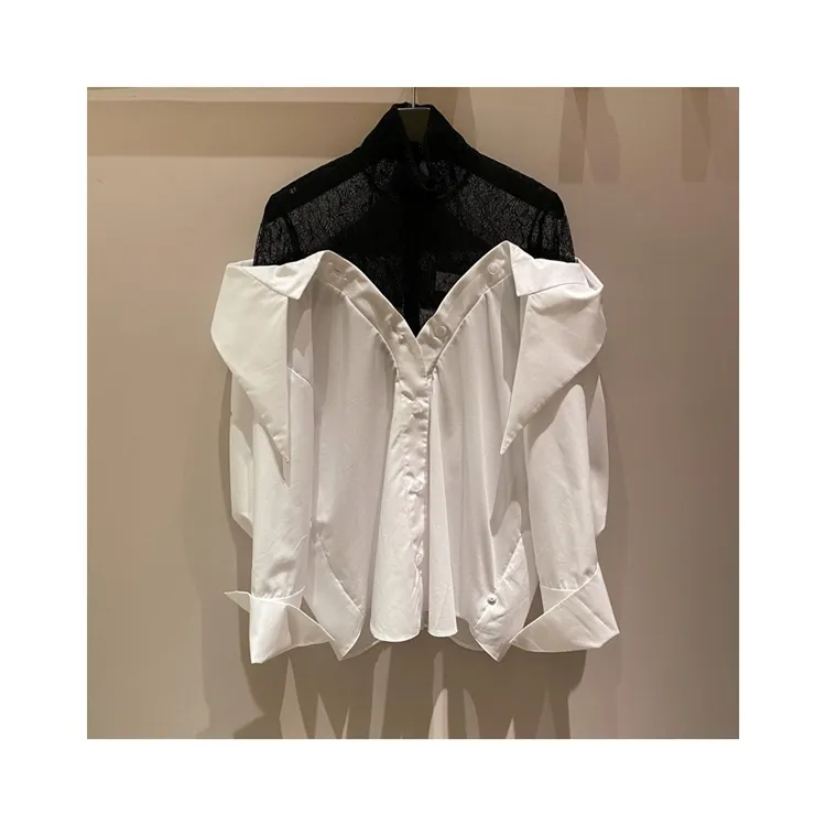 New fashion classic lace silk all-match black and white stitching sexy mature blouse