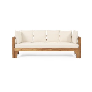 Canapé convertible 3 places extensible en bois d'acacia pour extérieur, avec coussins beiges, finition teck moderne, chaise longue de jardin - Product Image 4