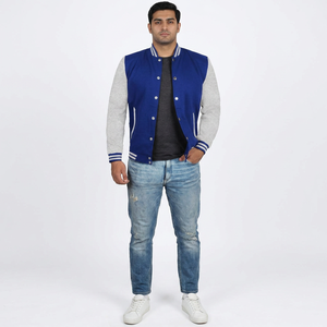 FINER THREADS Men's Winter Varsity <b>Jacket</b> Blue Vegan Leather Stadium-Style Block Armhole Stylish Trendy <b>Fleece</b> <b>Lining</b> Casual - Product Image 1