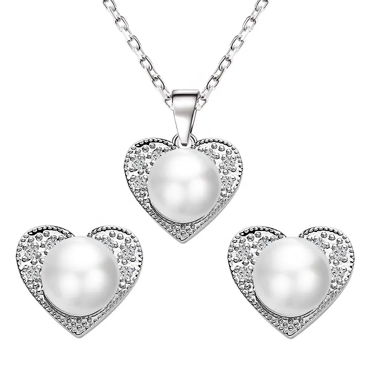 Hot bán 925 sterling Silver tự nhiên Ngọc Trai Nước Ngọt hình trái tim Bộ đồ trang sức với chuỗi trắng mạ vàng cho phụ nữ