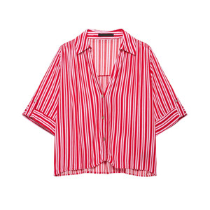 Camisa de Mujer Estilo Vintage, Tejida, Simple, a Rayas Rojas y Blancas, de Gasa, con Botones, Corte Holgado, Manga Tres Cuartos, Informal, para Primavera/Verano - Product Image 1