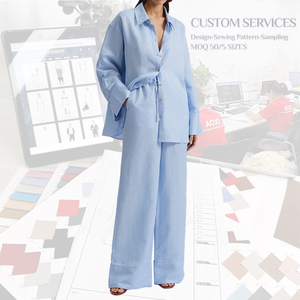 Abbigliamento donna OEM set Casual da donna in lino di cotone 2 pezzi abiti da lavoro Business set camicia a manica lunga pantaloni a vita alta - Product Image 1