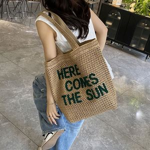 Sac fourre-tout tressé grande capacité HERE COMES SUN, en coton et polyester, idéal pour la plage, l'hiver, le printemps et l'été - Product Image 6