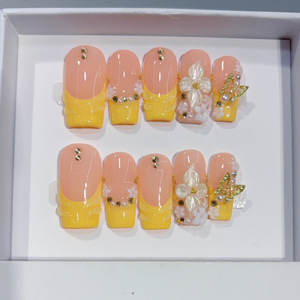 Designs d'ongles carrés faits à la main, 10 pièces, motif feuille orange, rayures, fleurs 3D, ensemble d'ongles carrés, extension d'ongles - Product Image 2