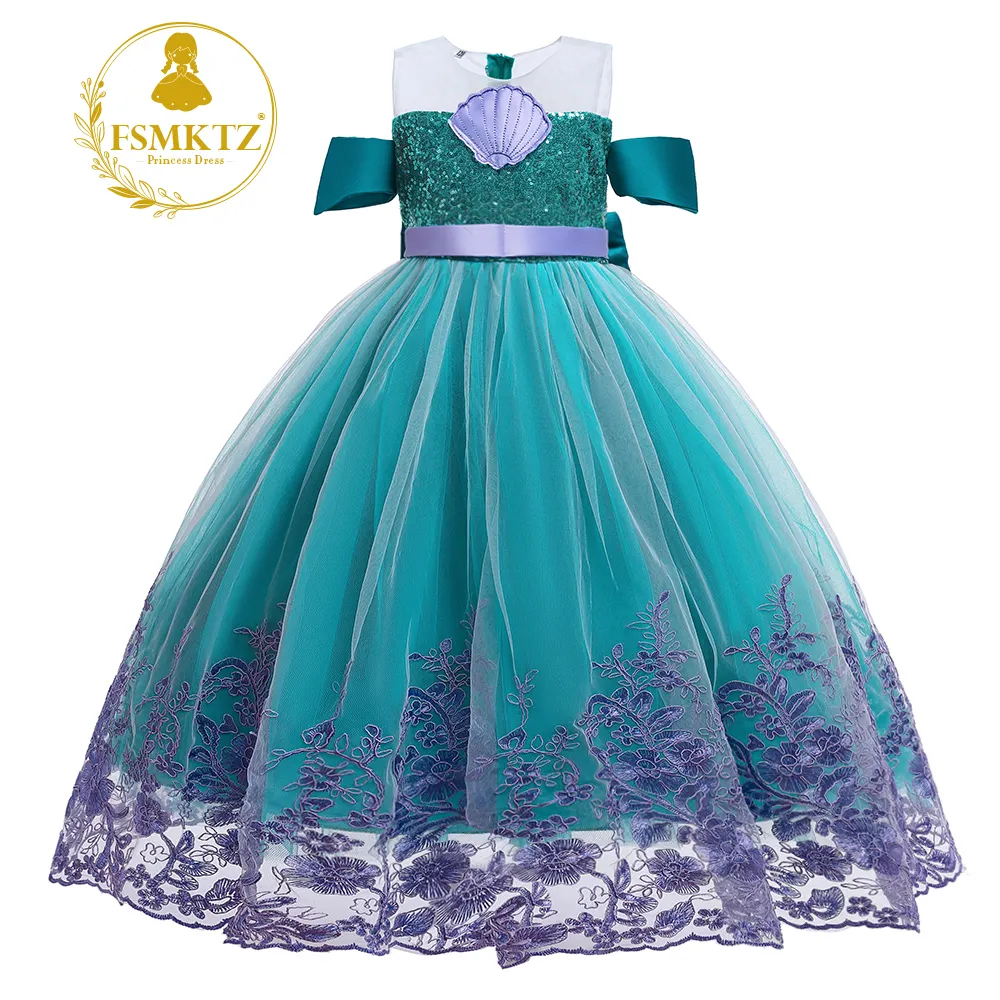 FSMKTZ 2022 Kids Girls Ocean Mermaid Princess Girl Dress Coslay Costume Long Birthday Party Dress