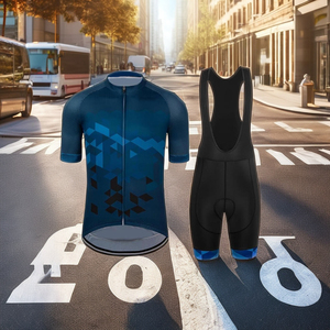 Ensemble de maillot de cyclisme pour homme, manches courtes, bleu, motif géométrique, respirant, léger, vêtements de vélo avec short à bretelles rembourré - Product Image 4