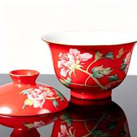 Set Gaiwan Porselen Merah Cina Premium yang Berwarna Cerah dengan Desain Bunga Peony Tradisional untuk Kemakmuran, 2-Piece Lid Bowl Kung Fu Tea Cup Food.
