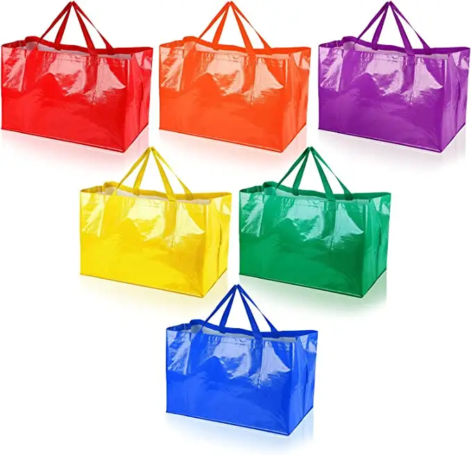 Custom Large Plastic Grocery Bag With Handles Colorful Woven Plastic Shopping Bag Waterproof Lightweight Tote Bags