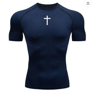 <span class=keywords><strong>T</strong></span>-shirts de compression à manches courtes pour hommes, tissu respirant à séchage rapide, avec un motif croisé classique - Product Image 2