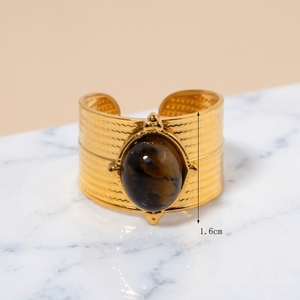 Anillo Abierto de Acero Inoxidable Chapado de Lujo Fatingna J&D para Mujer, con Ojo de Tigre Ovalado Redondo y Diseño Martillado, Joyería para Boda, Compromiso y Regalo - Product Image 4