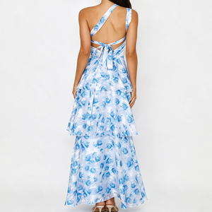 Abito lungo da donna monospalla blu floreale a balze con volant a strati, modello a trapezio, per vacanze - Fornitore verificato dalla Cina - Product Image 4