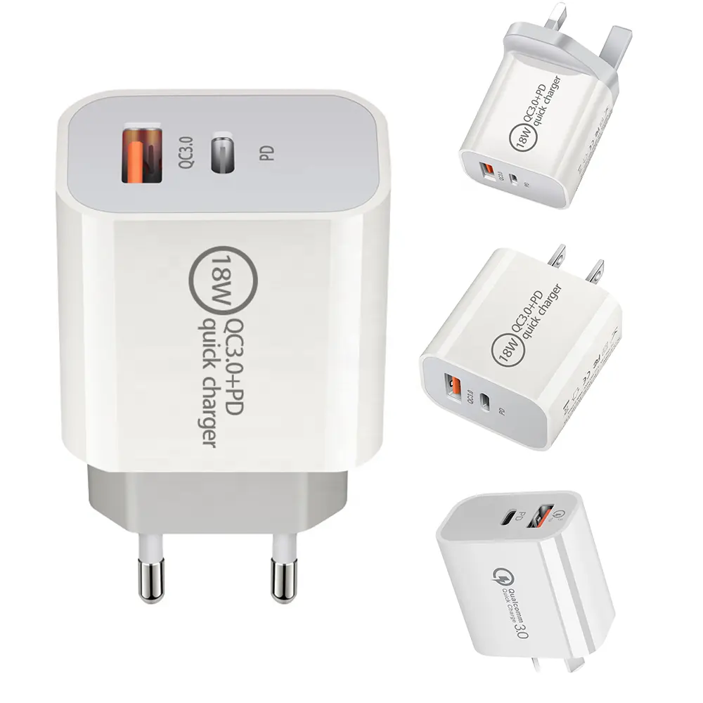 18W Dual PD Type-C Charger Quick Charging QC 3.0 USB C Fast USB Charger for iPhone 12 for Samsung US UK EU AU Plug Adapter