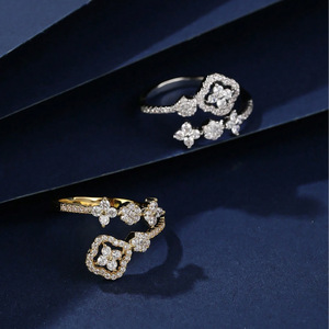 14K Gold Filled Cut VVS GRA Moissanite Trendy Rhodium Plated Exquisite Four Leaf Clover Open <b>Adjustable</b> Girls <b>Ring</b> - Product Image 2