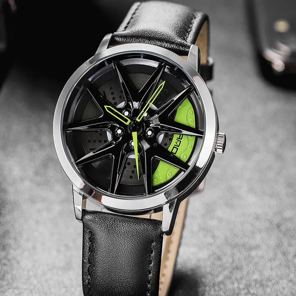 SANDA-reloj deportivo de cuarzo para hombre, cronógrafo de lujo, con rueda de coche, llanta, Hub, de cuero, resistente al agua, rotación de 360 grados