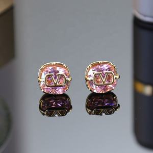 High-End Luxury Simple Exquisite <b>Small</b> Design New Pink Zircon Stud <b>Earrings</b> <b>for</b> <b>Women</b> Versatile Trendy Brass Jewelry Wholesale - Product Image 6