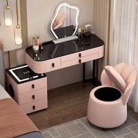 Coiffeuse en bois massif moderne et minimaliste pour chambre à coucher, avec tiroirs de rangement intégrés, miroir en forme de nuage et fonction maquillage sans fil