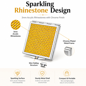 Miroir compact carré jaune avec strass, cadre en métal chromé, double face 1X, miroir de maquillage de poche en verre flotté HD, vente en gros - Product Image 3