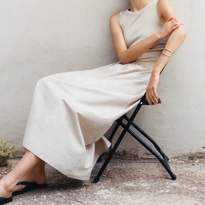 <span class=keywords><strong>Prix</strong></span> usine femmes nouvelle mode col rond sans manches Maxi robe élégante coton lin mélangé couleur unie lavable - Product Image 4